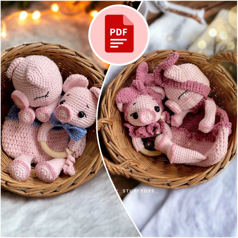 Kocyk przytulanka + grzechotka Świnka - szydełkowy wzór - PDF po polsku i angielsku